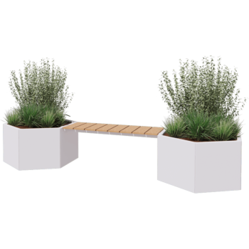 Kruka i stål - Sexkant - 294,4 x 99,3 x 50 cm - RAL9010 matt (vit) - Med bänk - Utan bottenplatta