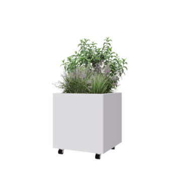 Kruka i stål - Fyrkant - 60 x 60 x 60 cm - RAL9010 matt (vit) - Med bottenplatta - Med hjul