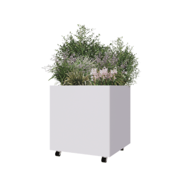 Kruka i stål - Fyrkant - 70 x 70 x 70 cm - RAL9010 matt (vit) - Med bottenplatta - Med hjul