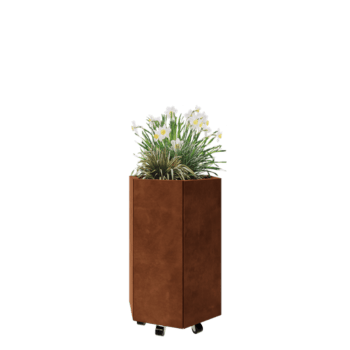 Kruka i cortenstål - Sexkant - 59,3 x 52 x 80 cm - Med bottenplatta - Med hjul