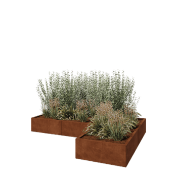 Kruka i cortenstål - L-form - 240 x 160 x 30 cm - Med bottenplatta