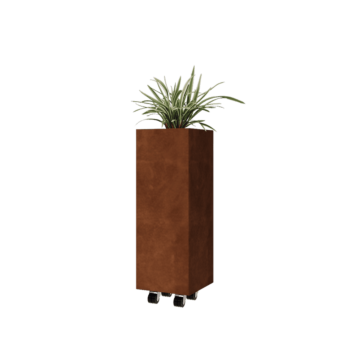 Kruka i cortenstål - Fyrkant - 30 x 30 x 80 cm - Med bottenplatta - Med hjul