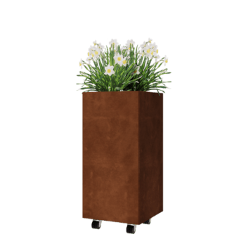 Kruka i cortenstål - Fyrkant - 40 x 40 x 80 cm - Med bottenplatta - Med hjul