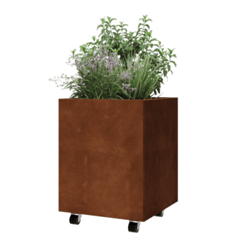 Kruka i cortenstål - Fyrkant - 50 x 50 x 60 cm - Med bottenplatta - Med hjul