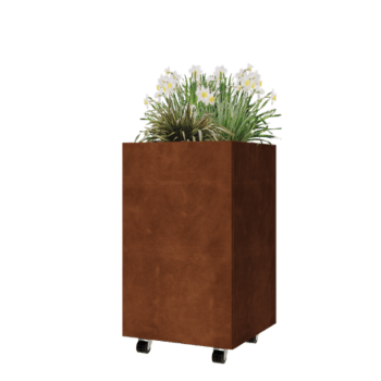Kruka i cortenstål - Fyrkant - 50 x 50 x 80 cm - Med bottenplatta - Med hjul