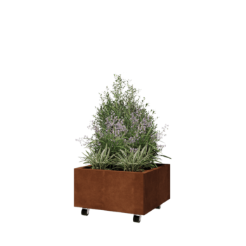 Kruka i cortenstål - Fyrkant - 60 x 60 x 30 cm - Med bottenplatta - Med hjul