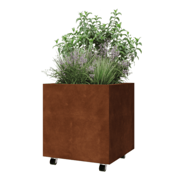 Kruka i cortenstål - Fyrkant - 60 x 60 x 60 cm - Med bottenplatta - Med hjul