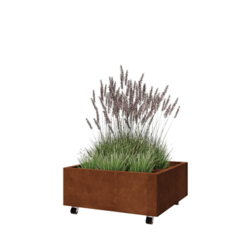 Kruka i cortenstål - Fyrkant - 80 x 80 x 30 cm - Med bottenplatta - Med hjul