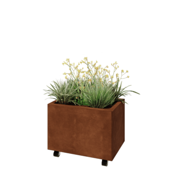 Kruka i cortenstål - Rektangel - 60 x 40 x 40 cm - Med bottenplatta - Med hjul