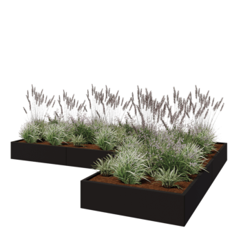 Kruka i stål - L-form - 360 x 240 x 30 cm - RAL9005 matt (svart) - Med bottenplatta