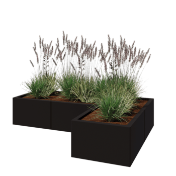 Kruka i stål - L-form - 150 x 100 x 30 cm - RAL9005 matt (svart) - Med bottenplatta