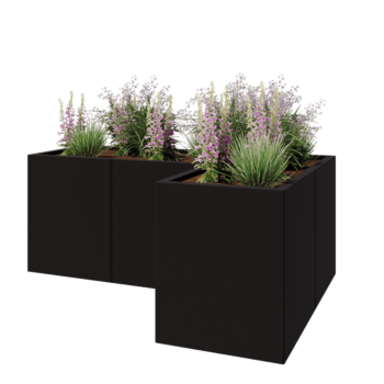 Kruka i stål - L-form - 150 x 100 x 60 cm - RAL9005 matt (svart) - Utan bottenplatta