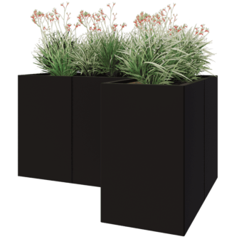 Kruka i stål - L-form - 150 x 100 x 80 cm - RAL9005 matt (svart) - Med bottenplatta