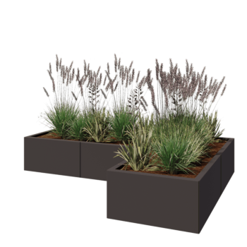 Kruka i stål - L-form - 180 x 120 x 30 cm - Annan RAL-färg - Med bottenplatta