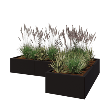 Kruka i stål - L-form - 180 x 120 x 30 cm - RAL9005 matt (svart) - Utan bottenplatta