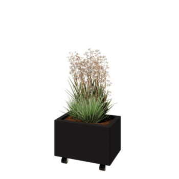 Kruka i stål - Rektangel - 50 x 30 x 30 cm - RAL9005 matt (svart) - Med bottenplatta - Med hjul