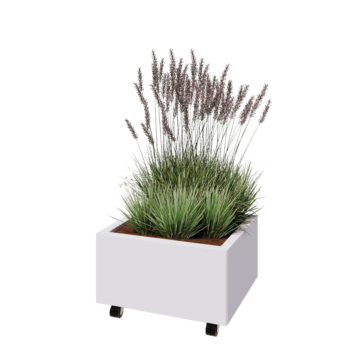 Kruka i stål - Rektangel - 60 x 50 x 30 cm - RAL9010 matt (vit) - Med bottenplatta - Med hjul