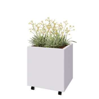 Kruka i stål - Rektangel - 60 x 50 x 60 cm - RAL9010 matt (vit) - Med bottenplatta - Med hjul