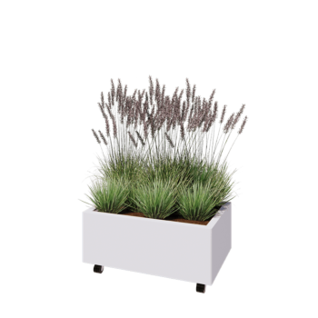 Kruka i stål - Rektangel - 80 x 50 x 30 cm - RAL9010 matt (vit) - Med bottenplatta - Med hjul