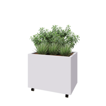 Kruka i stål - Rektangel - 80 x 50 x 60 cm - RAL9010 matt (vit) - Med bottenplatta - Med hjul