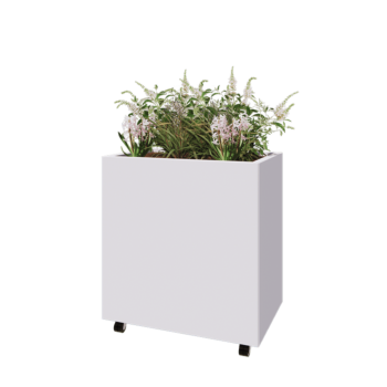 Kruka i stål - Rektangel - 80 x 50 x 80 cm - RAL9010 matt (vit) - Med bottenplatta - Med hjul