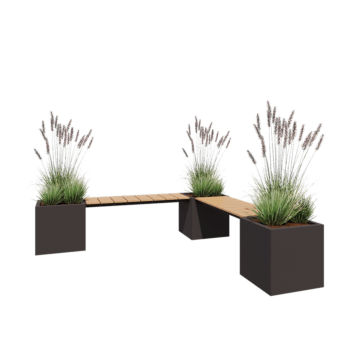 Kruka i stål - Fyrkant - Hörnuppställning - 221,2 x 221,2 x 50 cm - RAL7016 matt (antracitgrå) - Utan bottenplatta - Med bänk