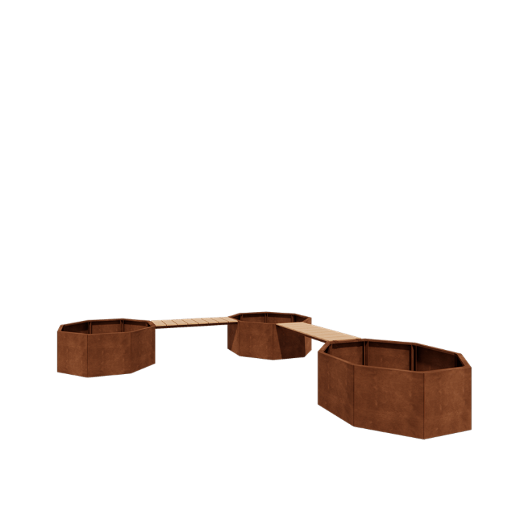 Kruka i cortenstål - Åttakant - Hörnuppställning - 362,6 x 120,7 x 50 cm - Med bänk - Utan bottenplatta