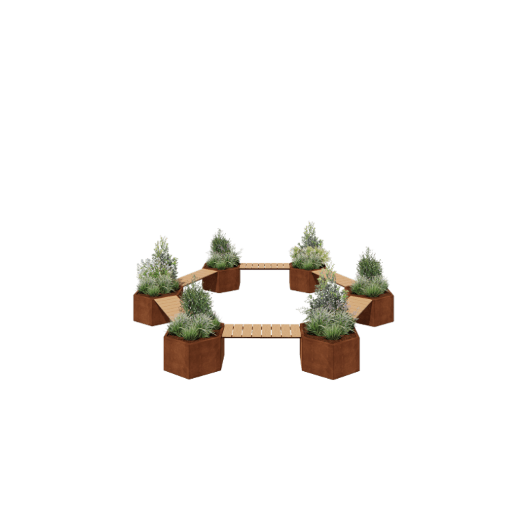 Kruka i cortenstål - Lägereldsuppställning - 502,2 x 459,2 x 50 cm - Med bänk - Utan bottenplatta
