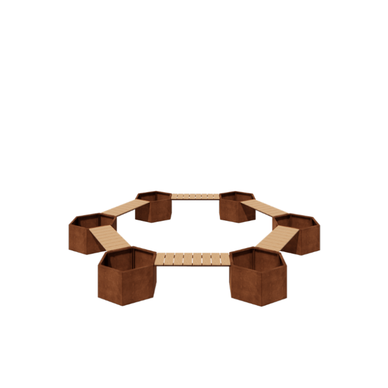 Kruka i cortenstål - Lägereldsuppställning - 502,2 x 459,2 x 50 cm - Med bänk - Utan bottenplatta