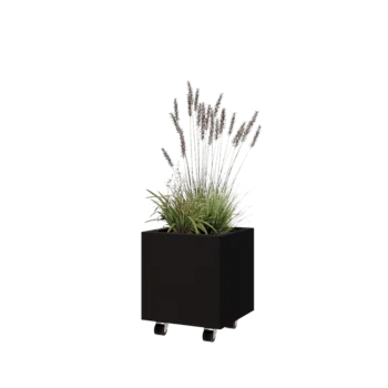Kruka i stål - Fyrkant - 40 x 40 x 40 cm - RAL9005 matt (svart) - Med bottenplatta - Med hjul