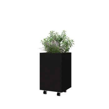 Kruka i stål - Fyrkant - 40 x 40 x 60 cm - RAL9005 matt (svart) - Med bottenplatta - Med hjul