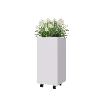 Kruka i stål - Fyrkant - 40 x 40 x 80 cm - RAL9010 matt (vit) - Med bottenplatta - Med hjul