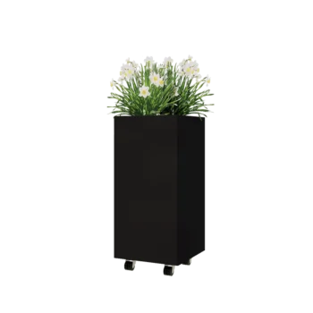 Kruka i stål - Fyrkant - 40 x 40 x 80 cm - RAL9005 matt (svart) - Med bottenplatta - Med hjul