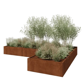 Kruka i cortenstål - L-form - 360 x 240 x 40 cm - Med bottenplatta