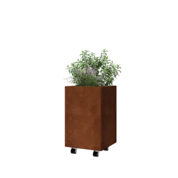 Kruka i cortenstål - Fyrkant - 40 x 40 x 60 cm - Med bottenplatta - Med hjul