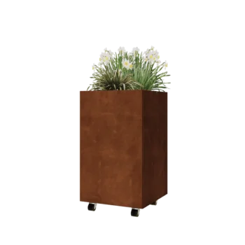 Kruka i cortenstål - Fyrkant - 50 x 50 x 80 cm - Med bottenplatta - Med hjul