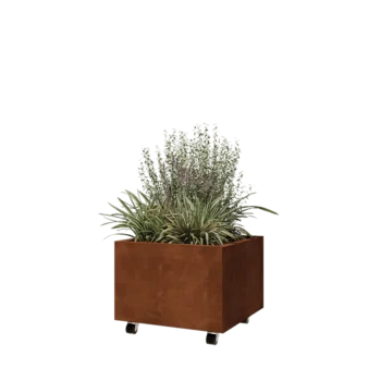 Kruka i cortenstål - Fyrkant - 60 x 60 x 40 cm - Med bottenplatta - Med hjul