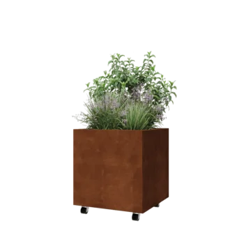 Kruka i cortenstål - Fyrkant - 60 x 60 x 60 cm - Med bottenplatta - Med hjul