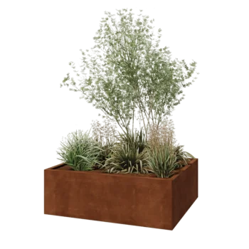 Kruka i cortenstål - Rektangel - 120 x 100 x 40 cm - Med bottenplatta
