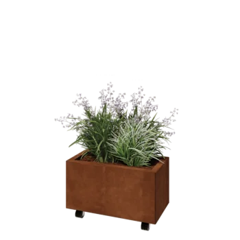 Kruka i cortenstål - Rektangel - 60 x 30 x 30 cm - Med bottenplatta - Med hjul
