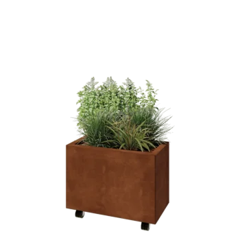 Kruka i cortenstål - Rektangel - 60 x 30 x 40 cm - Med bottenplatta - Med hjul