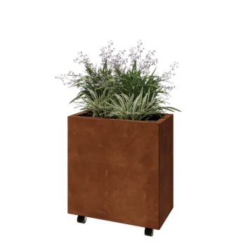 Kruka i cortenstål - Rektangel - 60 x 30 x 60 cm - Med bottenplatta - Med hjul
