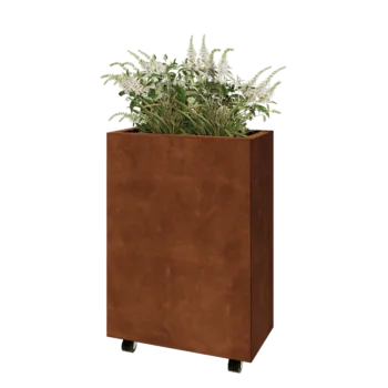 Kruka i cortenstål - Rektangel - 60 x 30 x 80 cm - Med bottenplatta - Med hjul