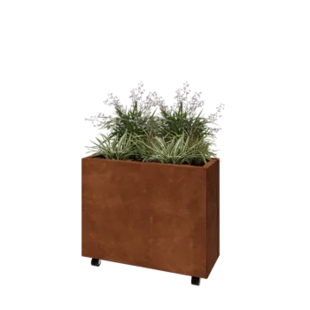 Kruka i cortenstål - Rektangel - 80 x 30 x 60 cm - Med bottenplatta - Med hjul