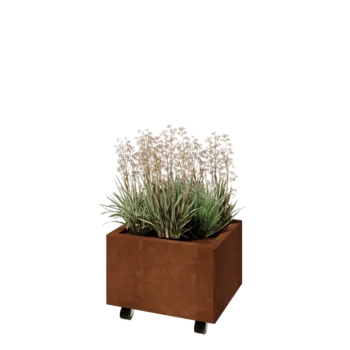 Kruka i cortenstål - Rektangel - 50 x 40 x 30 cm - Med bottenplatta - Med hjul