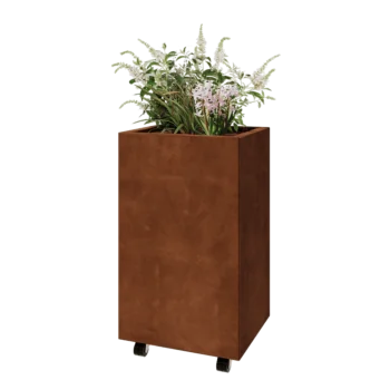 Kruka i cortenstål - Rektangel - 50 x 40 x 80 cm - Med bottenplatta - Med hjul