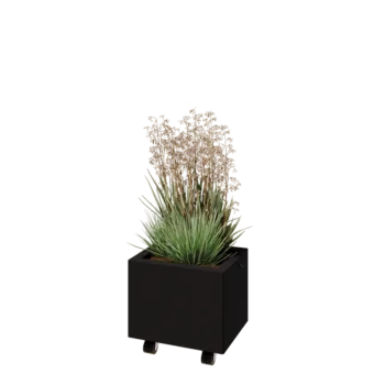 Kruka i stål - Rektangel - 40 x 30 x 30 cm - RAL9005 matt (svart) - Med bottenplatta - Med hjul
