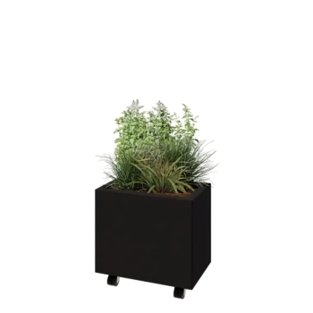 Kruka i stål - Rektangel - 50 x 30 x 40 cm - RAL9005 matt (svart) - Med bottenplatta - Med hjul