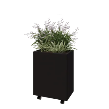 Kruka i stål - Rektangel - 50 x 30 x 60 cm - RAL9005 matt (svart) - Med bottenplatta - Med hjul