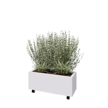 Kruka i stål - Rektangel - 80 x 30 x 30 cm - RAL9010 matt (vit) - Med bottenplatta - Med hjul
